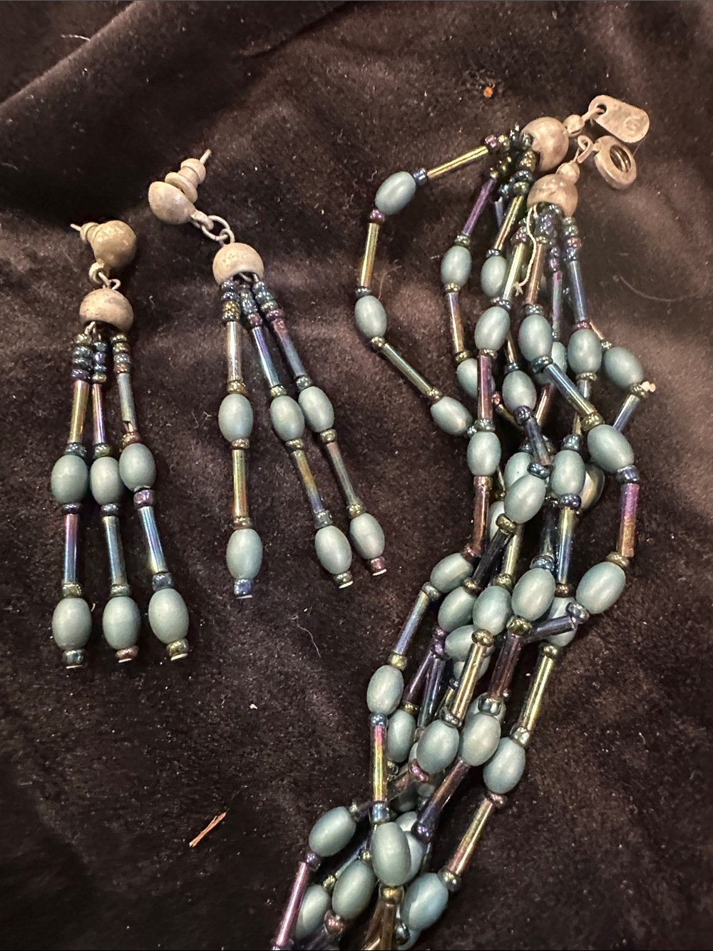 Beaded Dangle Earrings in Slate Blue and Iridescent Tube Accents